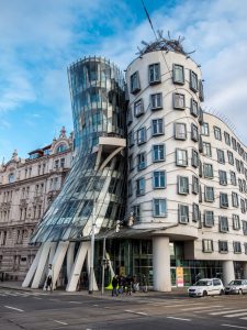 Bent glass design building in Prague